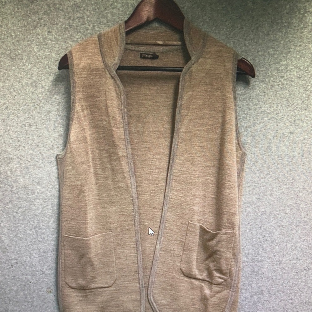 J.McLaughlin Vest Topper Tan Gray Wool Open Front Long Knit Pockets Women